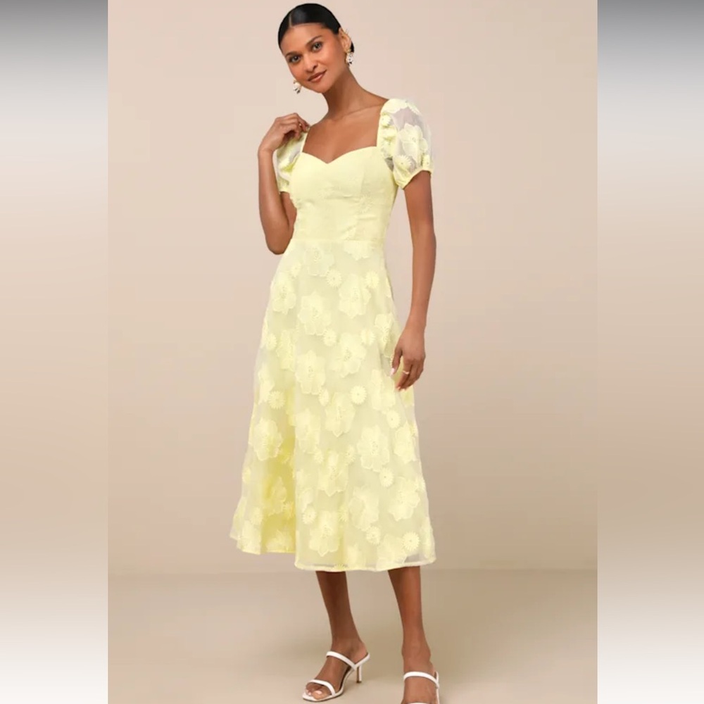Lulus Sweetest Behavior Yellow Embroidered Puff Sleeve Midi Dress - Size M NWT